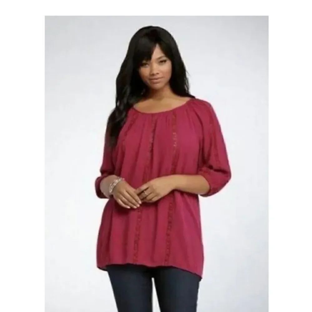 Torrid Red/Pink Magenta Peasant Blouse Top Boho Tunic Top Embroidered 3 3X